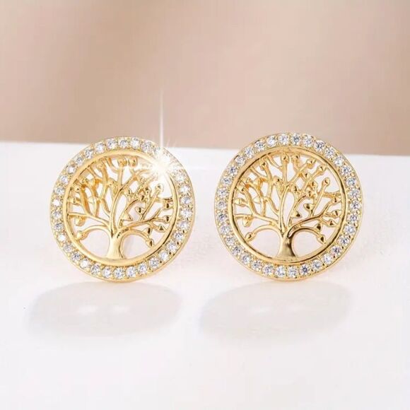 ✨🆕✨ Elegant 18k Gold Plated Simulated Zircon Tree Of Life Stud Earrings✨ - Picture 4 of 13